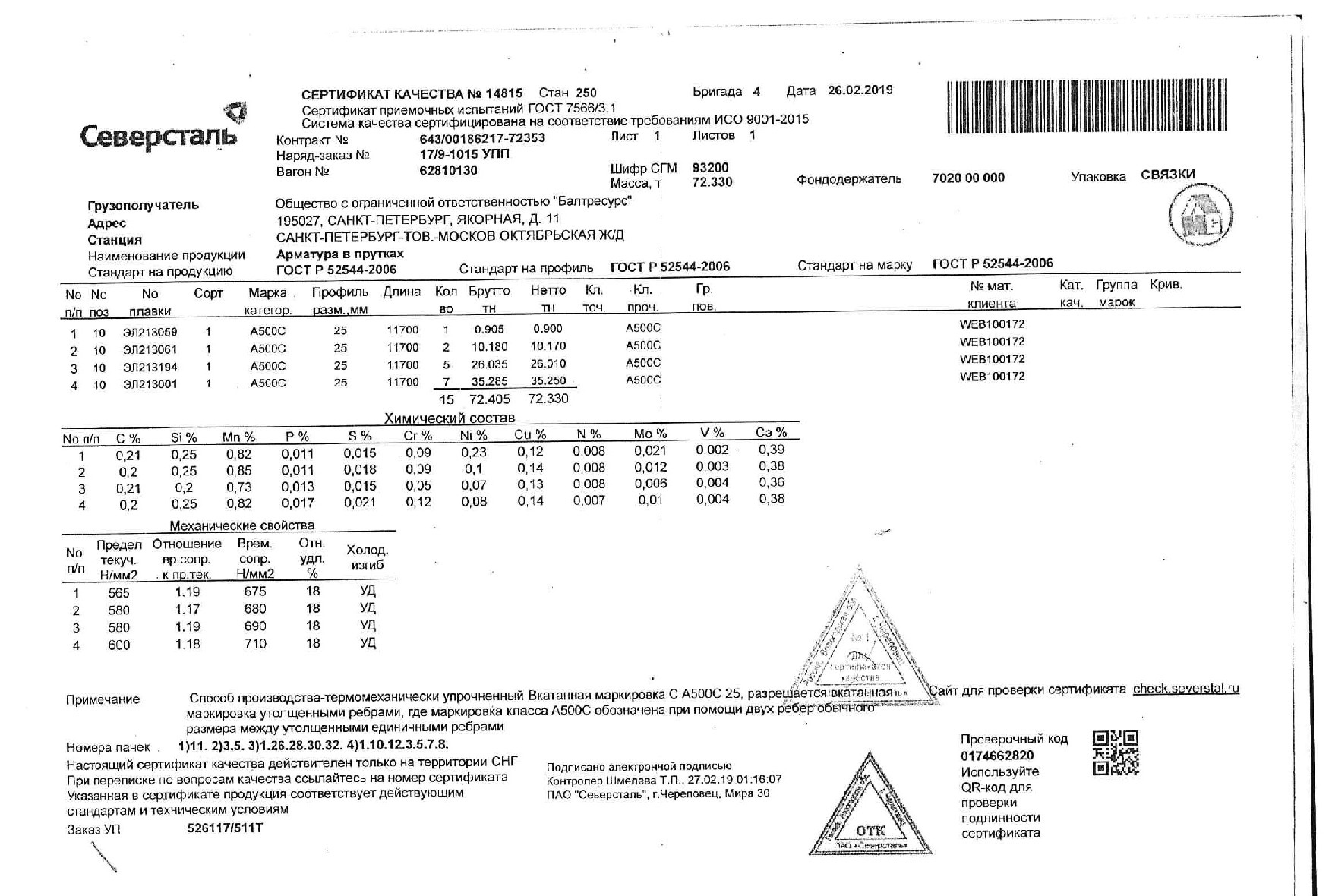 Сертификат на арматуру (класса А3) 25 (А500С) от 2019-02